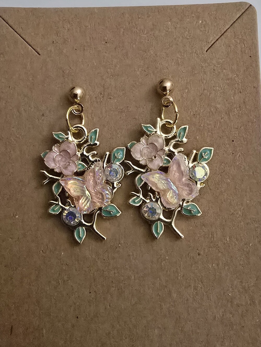 Hand Crafted Delicate Pink Butterfly Floral Drop Earrings - Gold Tone